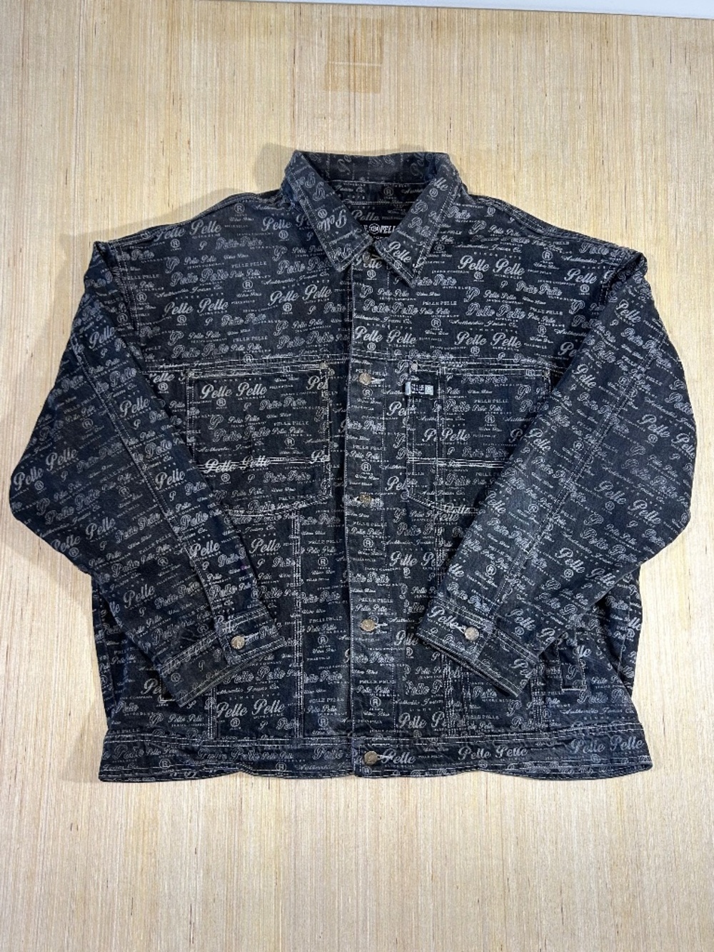 VTG 90s PELLE PELLE Marc Buchanan Black Denim Jean Jacket AOP Mens Ultra Blue